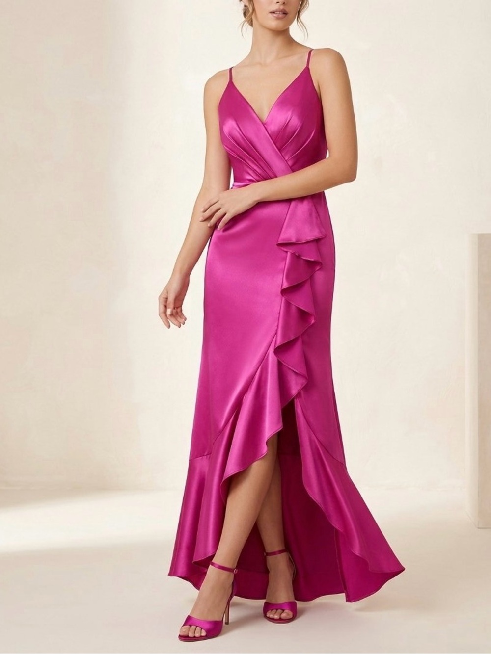 NWT Fuchsia Satin Cascading Ruffle Prom Formal Gown Dress Size 16